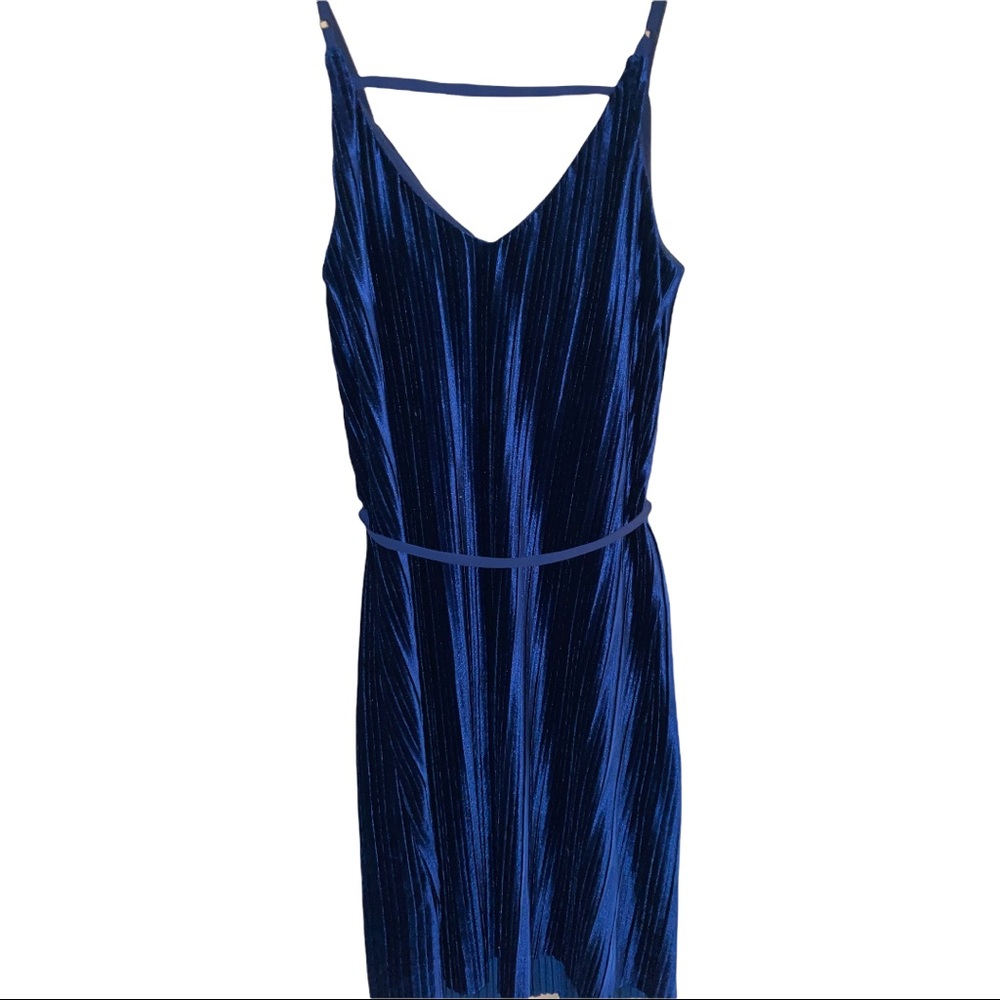 AS U WISH Navy Blue Velvet Dress w/ Thin Tie-Around Rope at Waist (M)